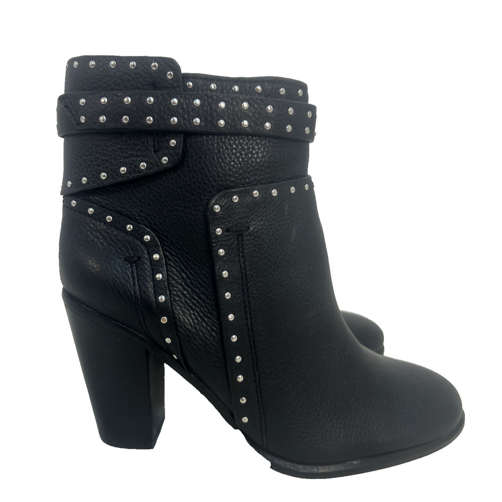 Vince Camuto Booties Women 6 M Black Leather Studded Chunky Heels Boots Strapped